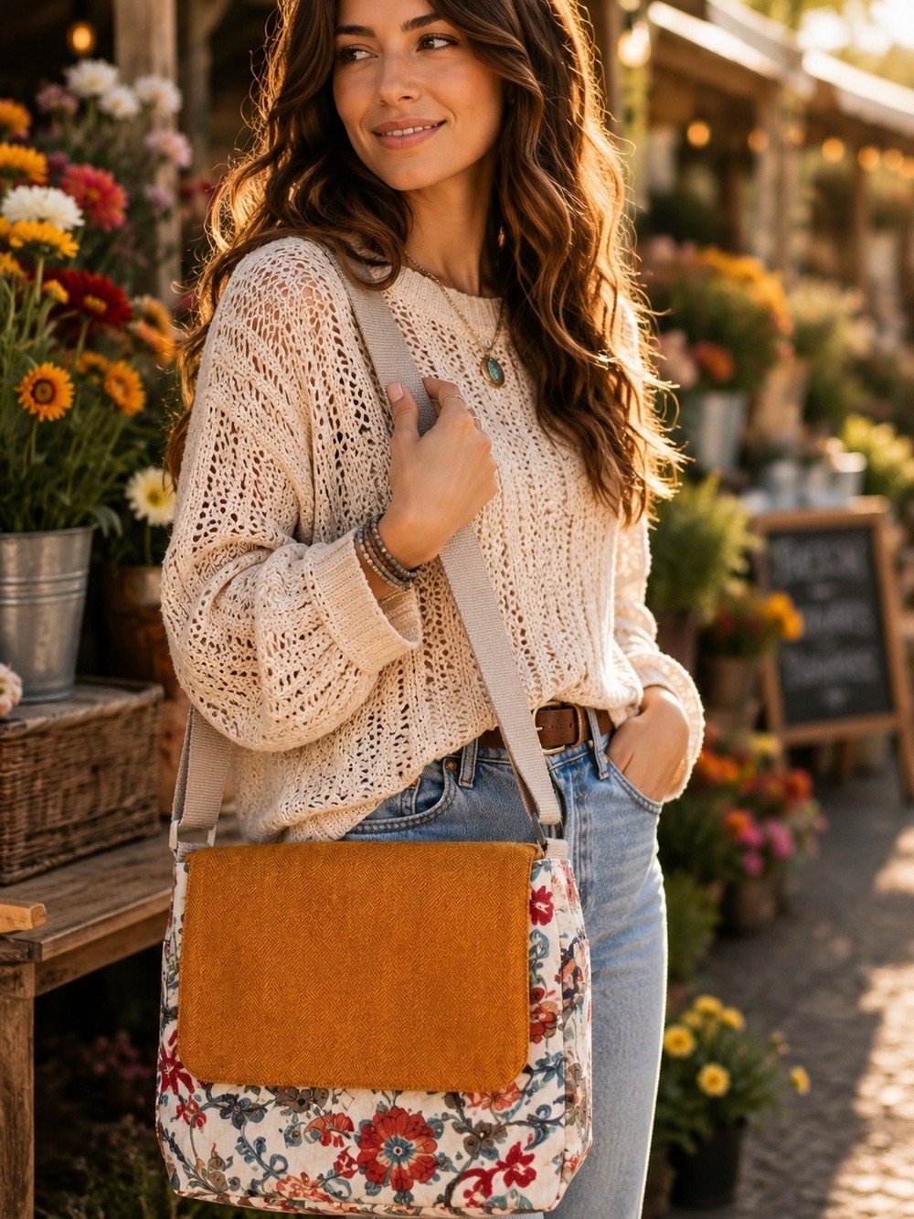 Handmade Crossbody Messenger Bag Floral Boho Mustard Canvas